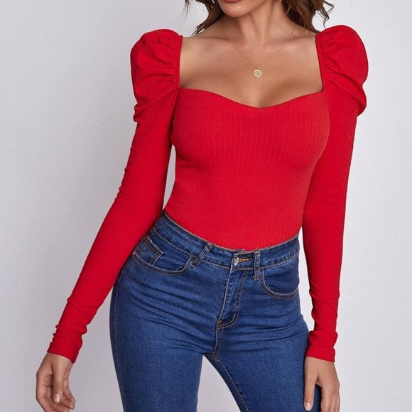 Lusso Tops - Red Square Neck Leg-of-Mutton Sleeve Top Long Sleeve Women's T-Shirt